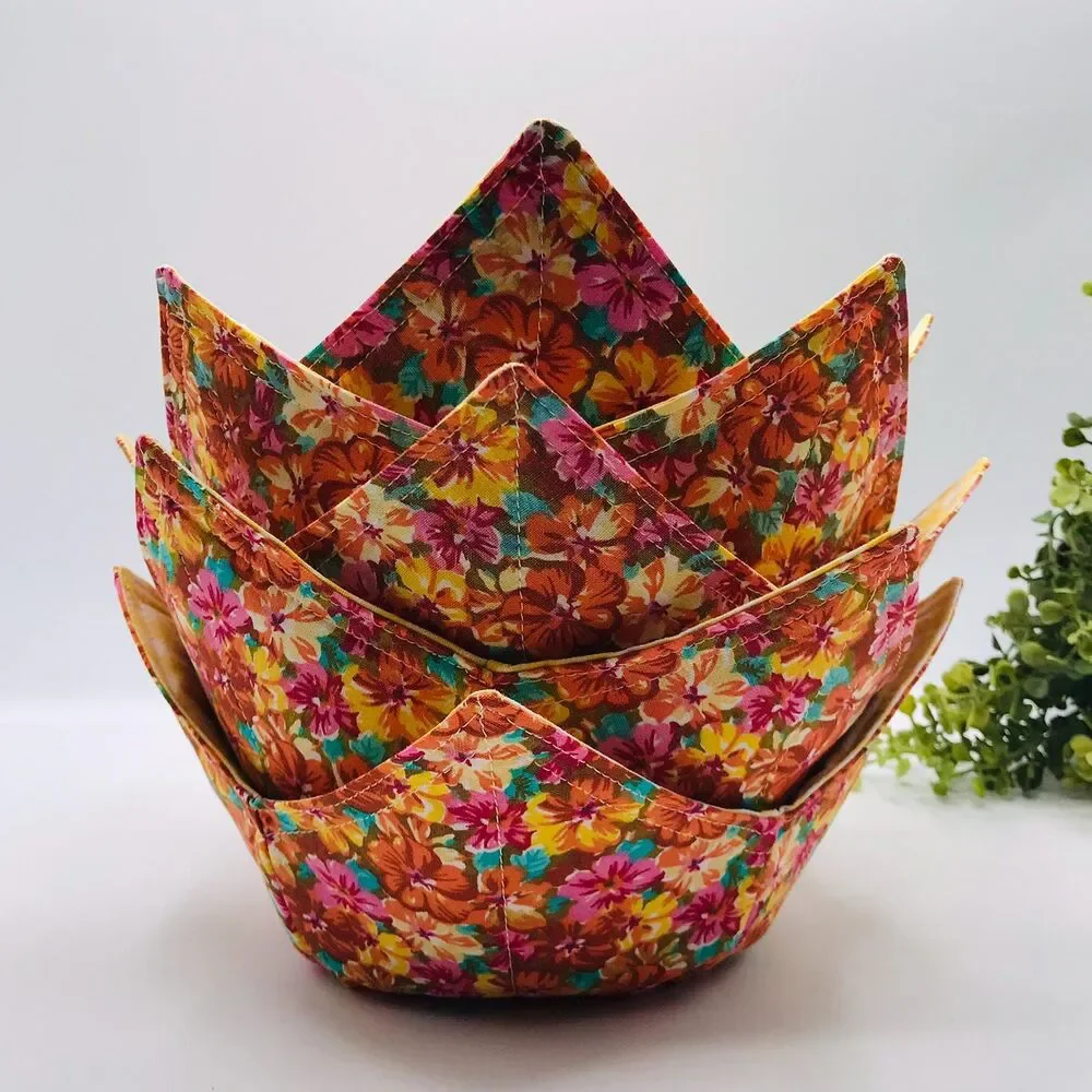 Microwave Soup Bowl Cozy, Reversible Bowl Orange Pinks And Yellow Florals